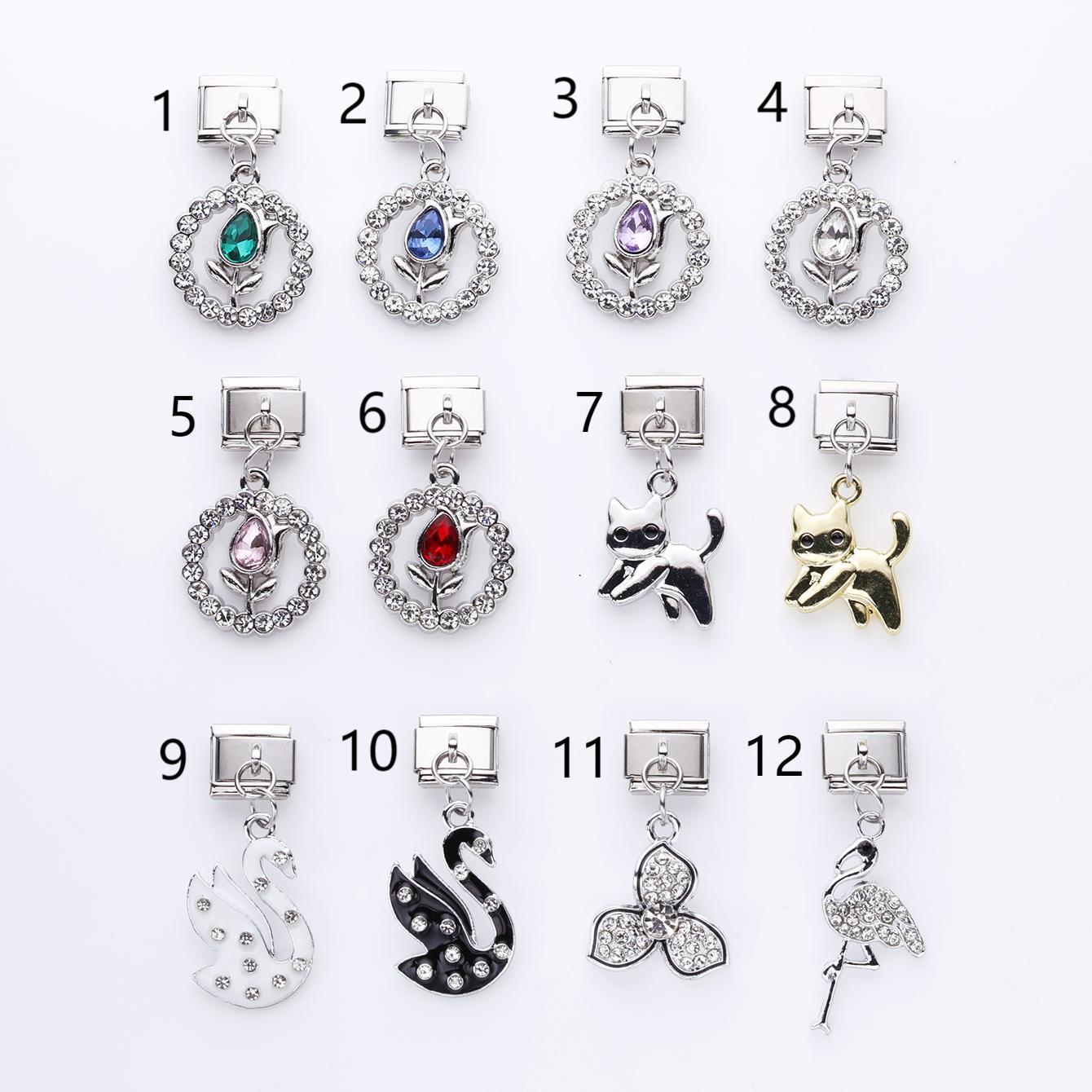 Wholesale 10pcs Tulip Cat Swan Alloy Pendant Italian Module DIY Stainless Steel Bracelet Accessories