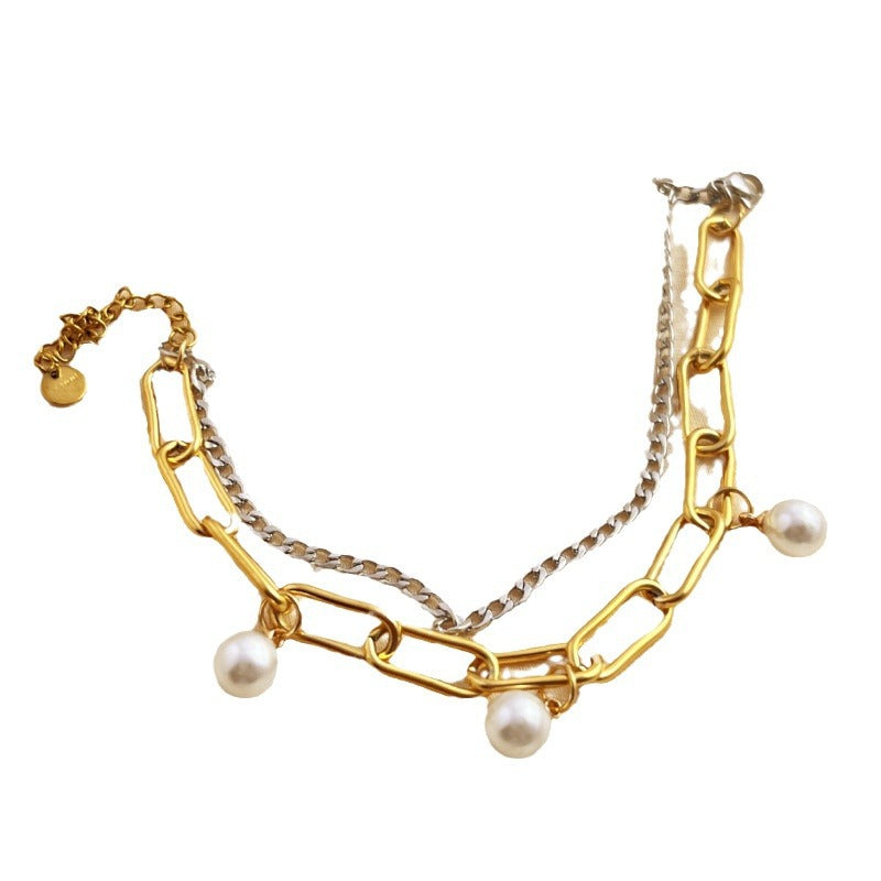 Wholesale Summer fashion pearl pendant thick chain multi-layer stainless steel bracelet