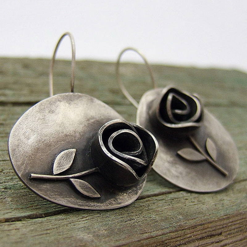 Wholesale Bohemian asymmetric leaf rose flower earrings
