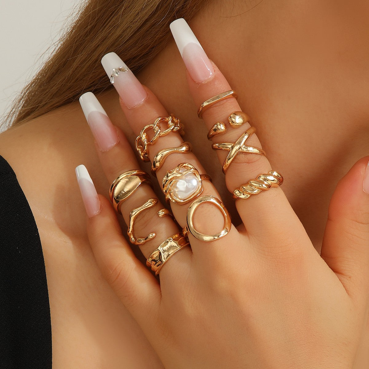 Wholesale 12 Piece Women S Geometric Pearl Accent Open Ring Set Zinc Alloy Gold Tone Stackable Jewelry Gift