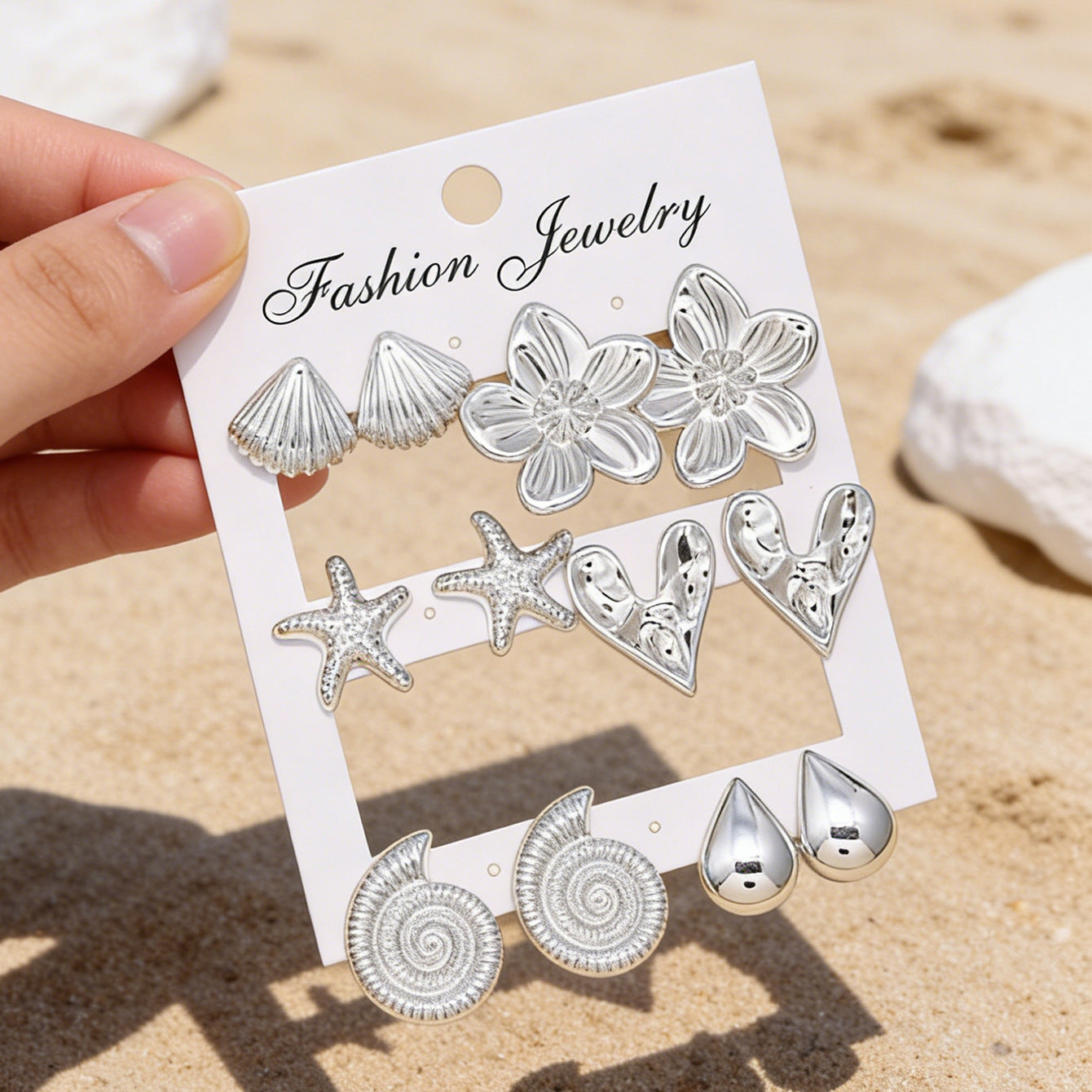 Wholesale 6 Pairs Gold Resin Stud Earrings Set For Women Flower Starfish Pattern Asymmetric European American Style Chic Fashion Accessory Gift