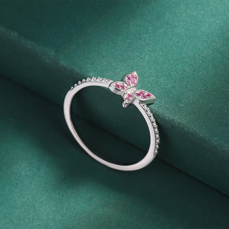 Wholesale S925 Sterling Silver Butterfly Pink Diamond Ring