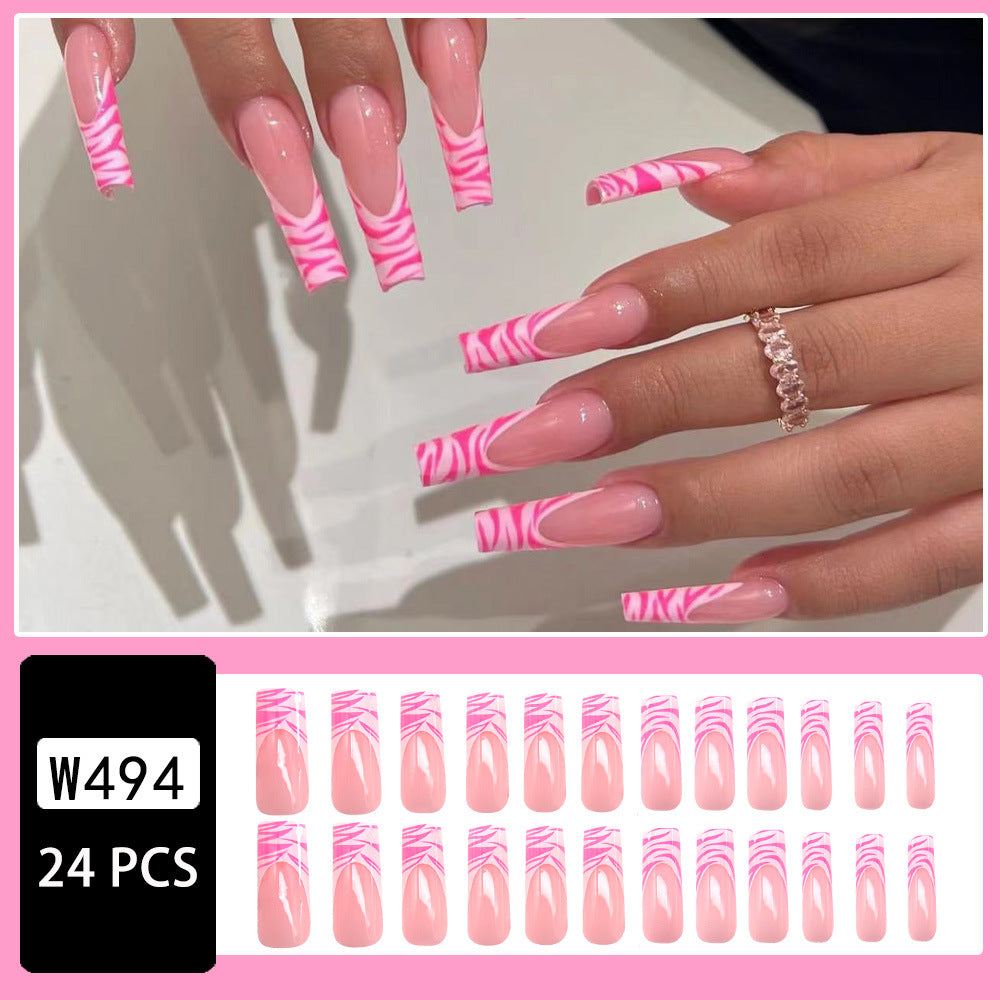 Wholesale 24 Pieces/box Pink Zebra Pattern Manicure Press-on Nails Kits Nail Stickers ACC-NS-NaiEr003