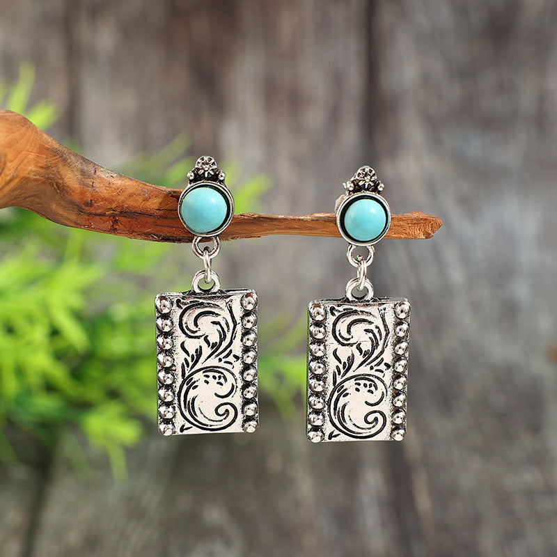 Wholesale Alloy Vintage Carved Square Turquoise Earrings for Women - Bohemian Style Jewelry Accessory