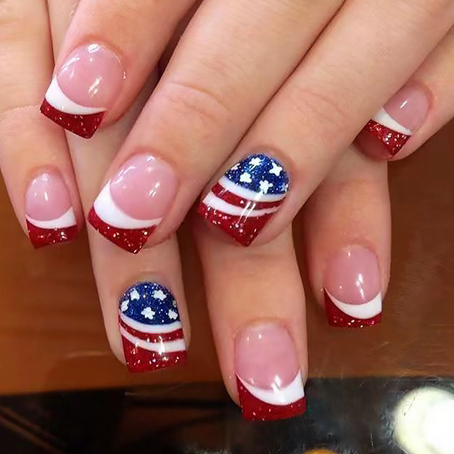Wholesale 24 Pieces/box American Independence Day Striped Glitter Manicure Press-on Nails Kits Nail Stickers ACC-NS-GuaiXL018