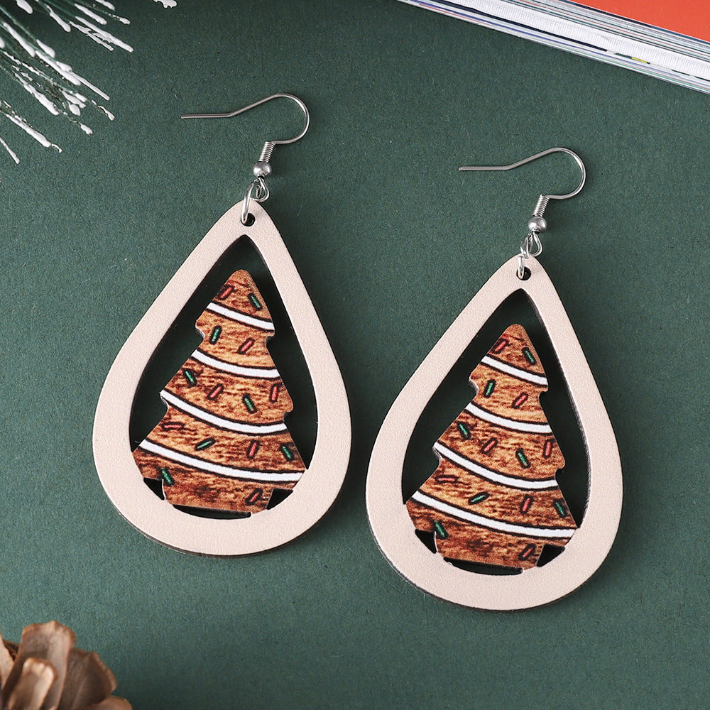 Wholesale Christmas ribbon dessert Christmas tree water drop pendant earrings wooden