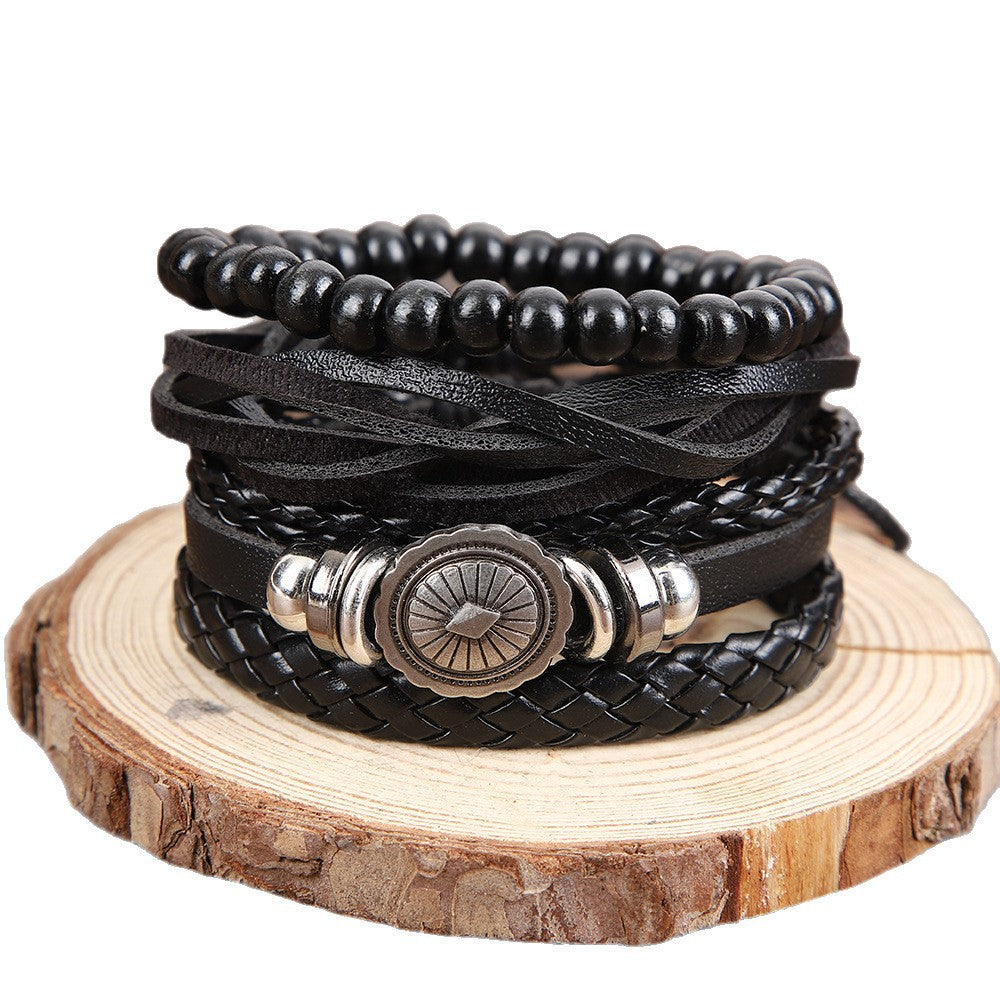 Wholesale Retro Sunflower Alloy Cowhide Braided Bracelet With Wooden Beads Unisex Street Style Wristband Fashion Accessory For Everyday Wear
