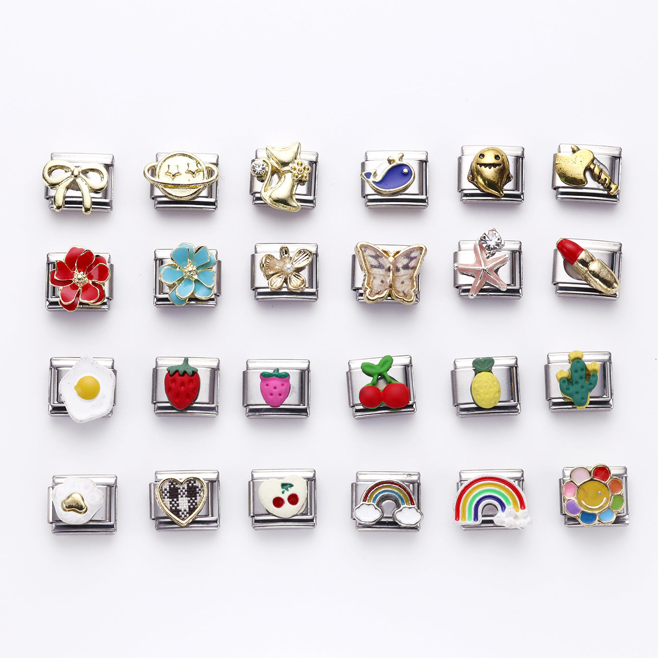 Wholesale 10pcs Italian Charm Bracelet 9mm DIY Splicing Flower Fruit Rainbow Series Stainless Steel Composable Bracelet