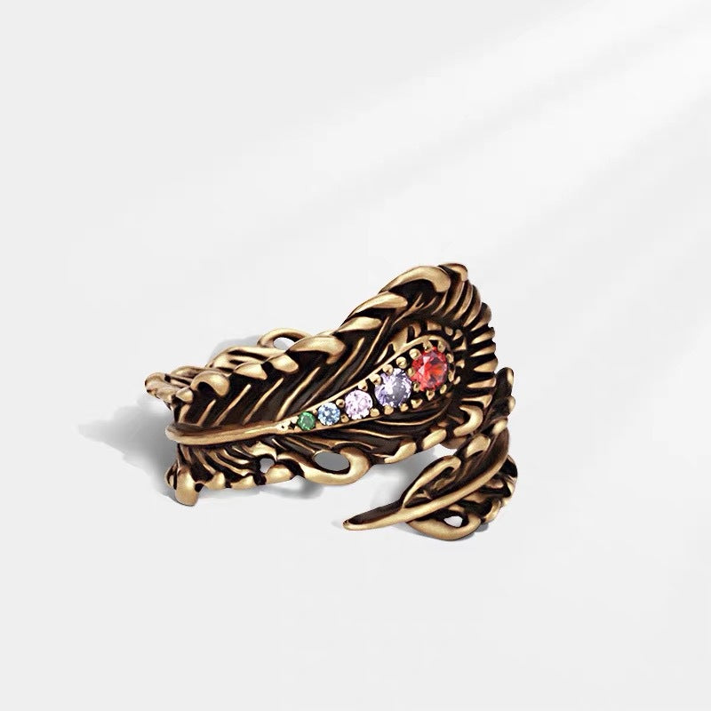 Wholesale vintage black gold all-match zircon feather open ring