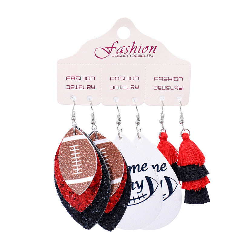 Wholesale 2 Sets Christmas Independence Day Football Rugby Softball Multi-layer Tassel Cheerleading PU Leather Earrings Set ACC-ES-HY128