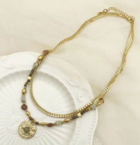 Wholesale Round Beads Rice Beads Handmade Double-layer Chain Natural Stone Pendant Necklace