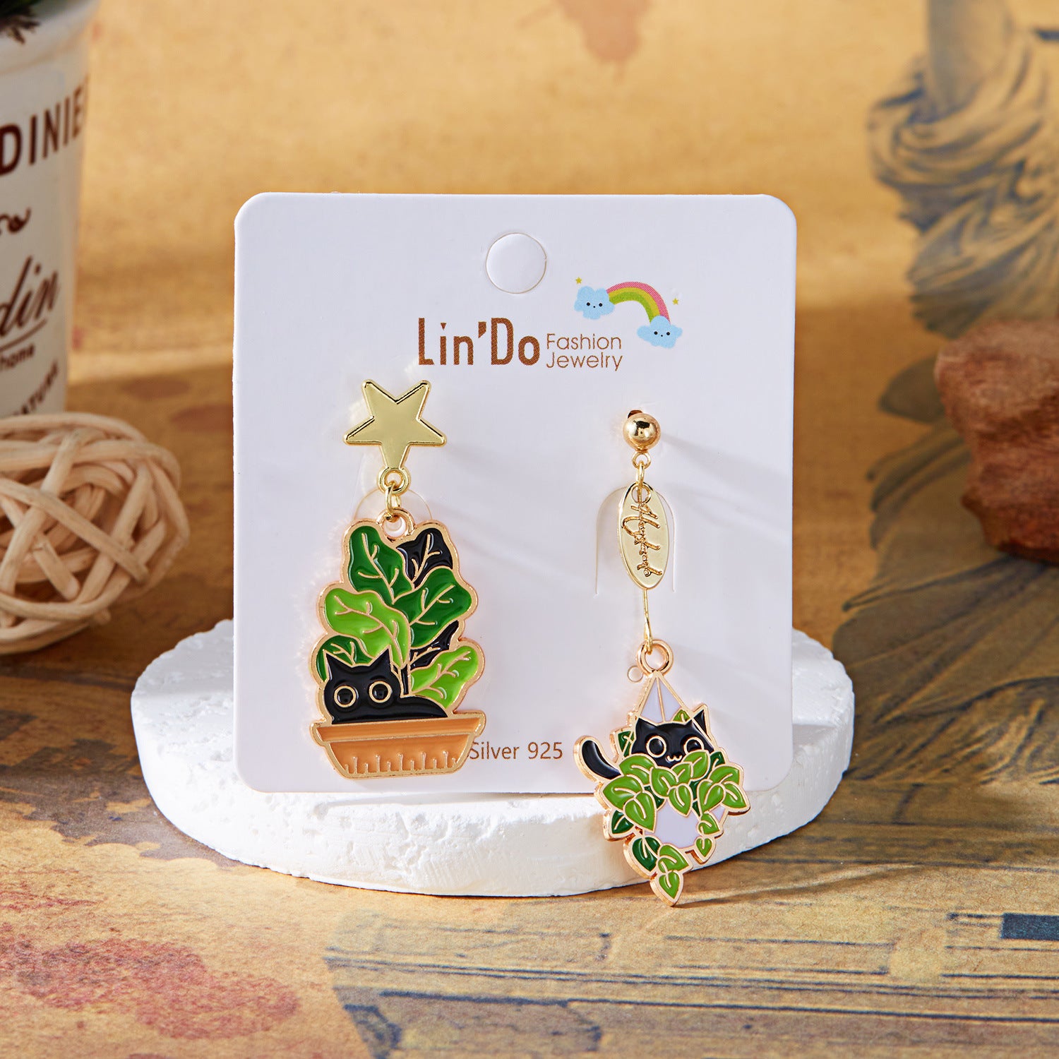 Wholesale Oil-dripped cat flower asymmetrical earrings