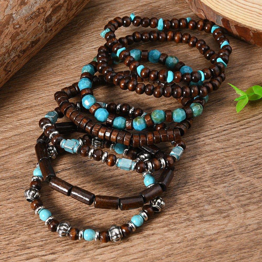 Wholesale 7 piece set  wooden beads turquoise bracelet