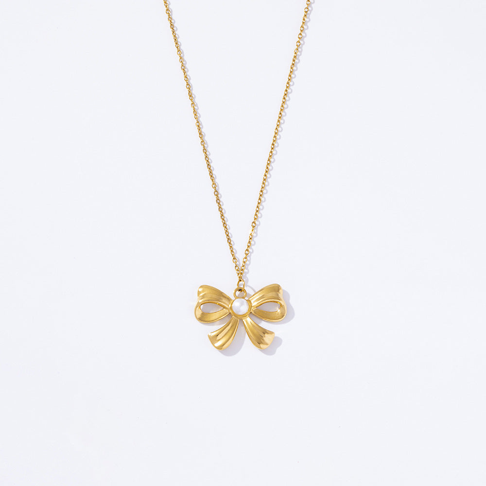Wholesale Stainless Steel Electroplated 18K Gold Bow Necklaces ACC-NE-YuHui005