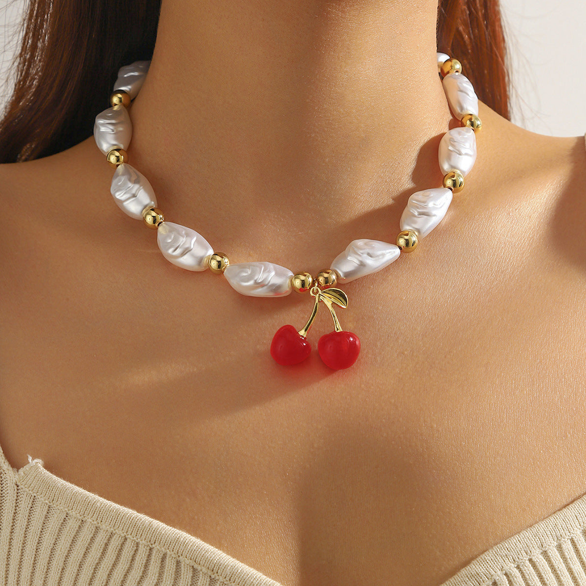 Wholesale  fruit jewelry fresh sweet pearl red cherry pendant necklace