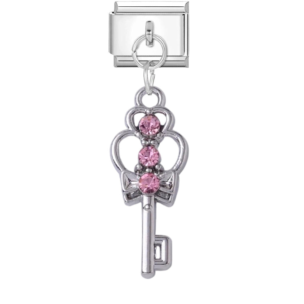 Wholesale DIY Bracelet Charms Pink Crystal Heart Wand Pendant Silver Edge Titanium Steel Jewelry Accessory For Casual Gift