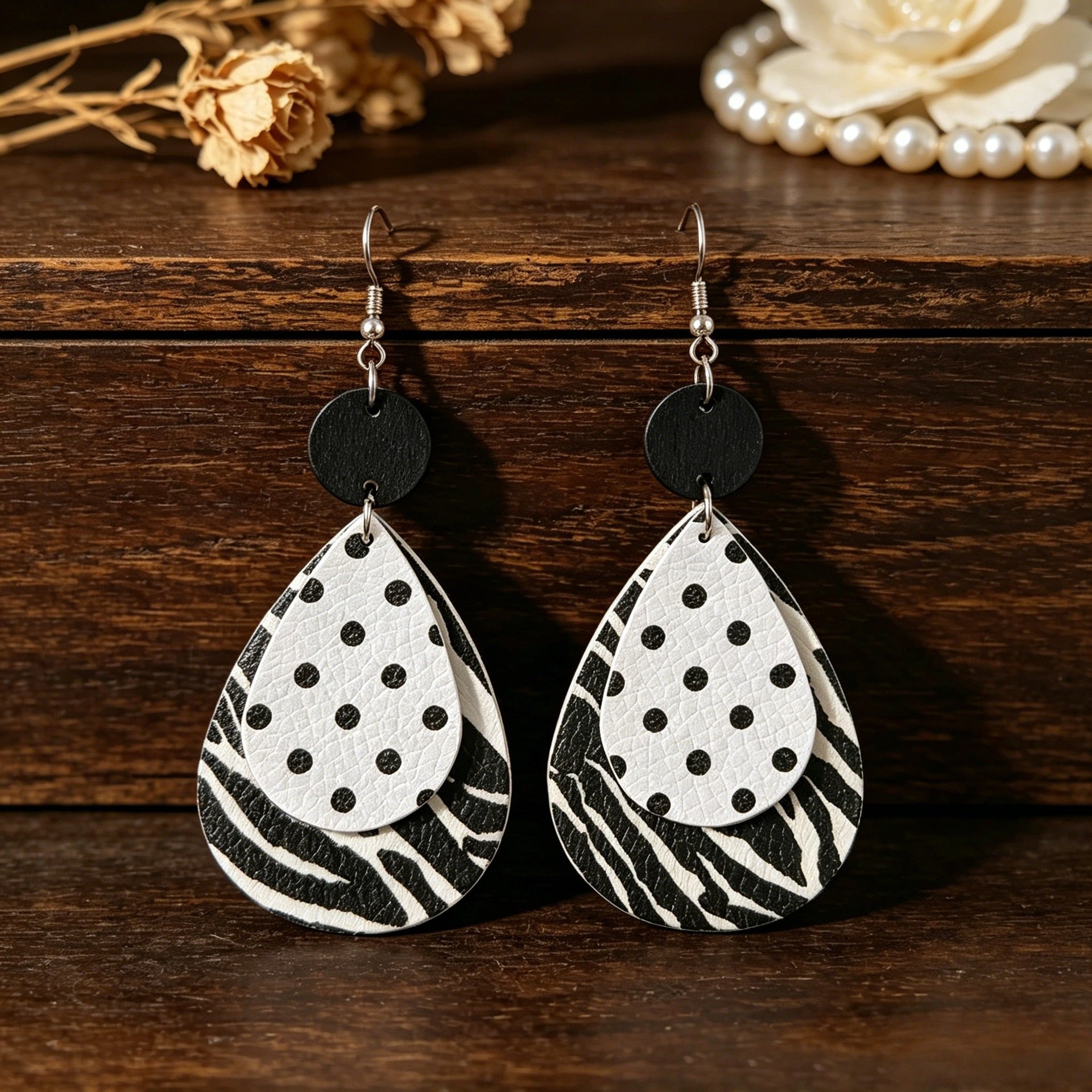 Wholesale Vintage Zebra Pattern Polka Dot Leather Earrings Party Wear Fashion Accessory
