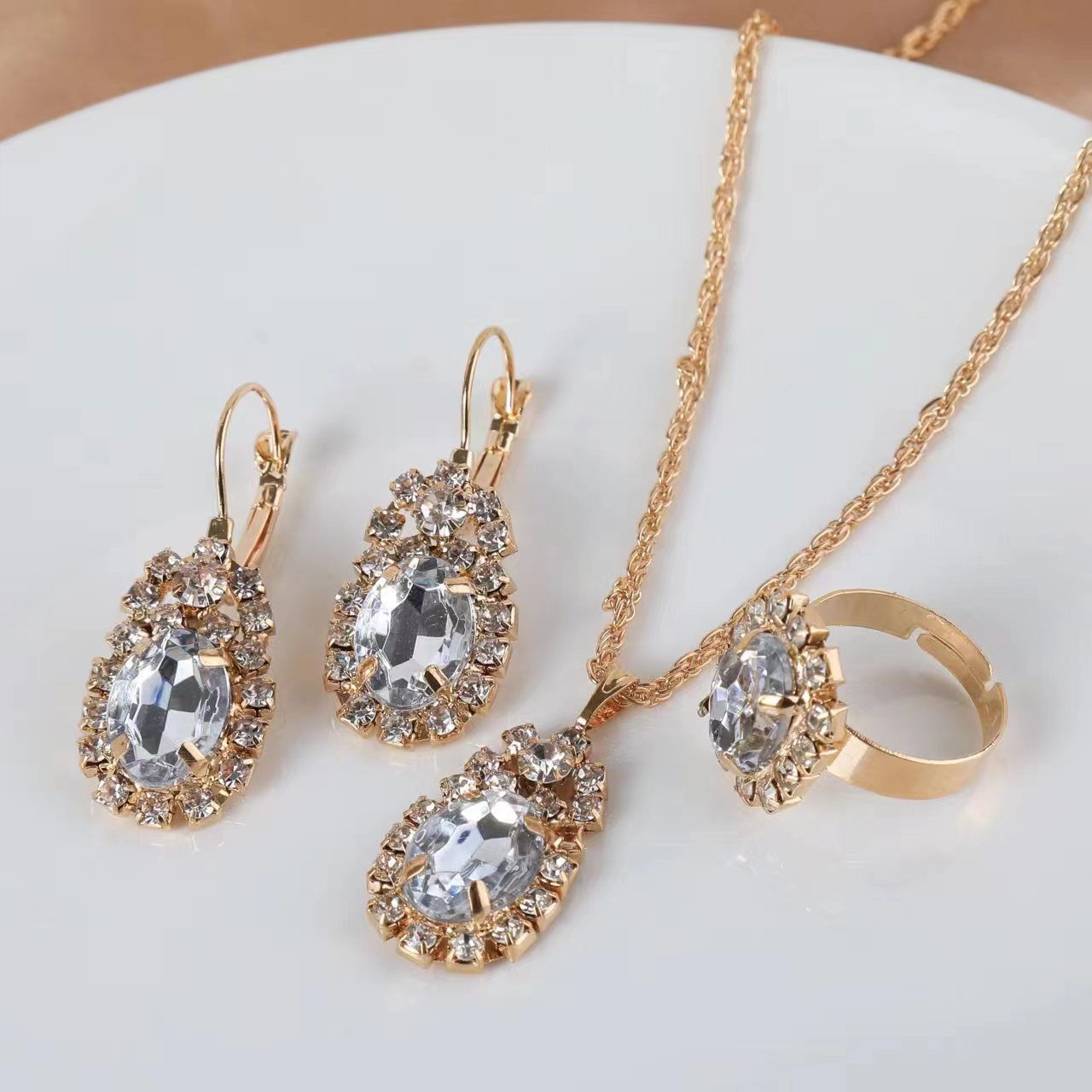 Wholesale Water Drop Heart Diamond Necklace Earring Set
