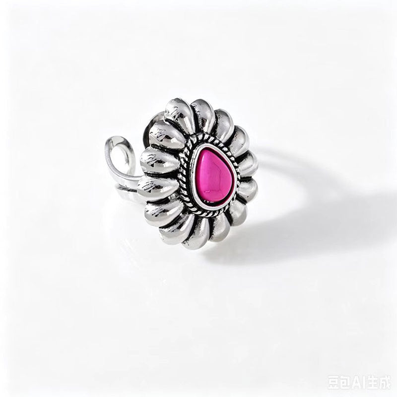 Wholesale Trendy Bohemian Flower Turquoise Drop Ring for Women,  Retro Adjustable Copper Jewelry Accessory