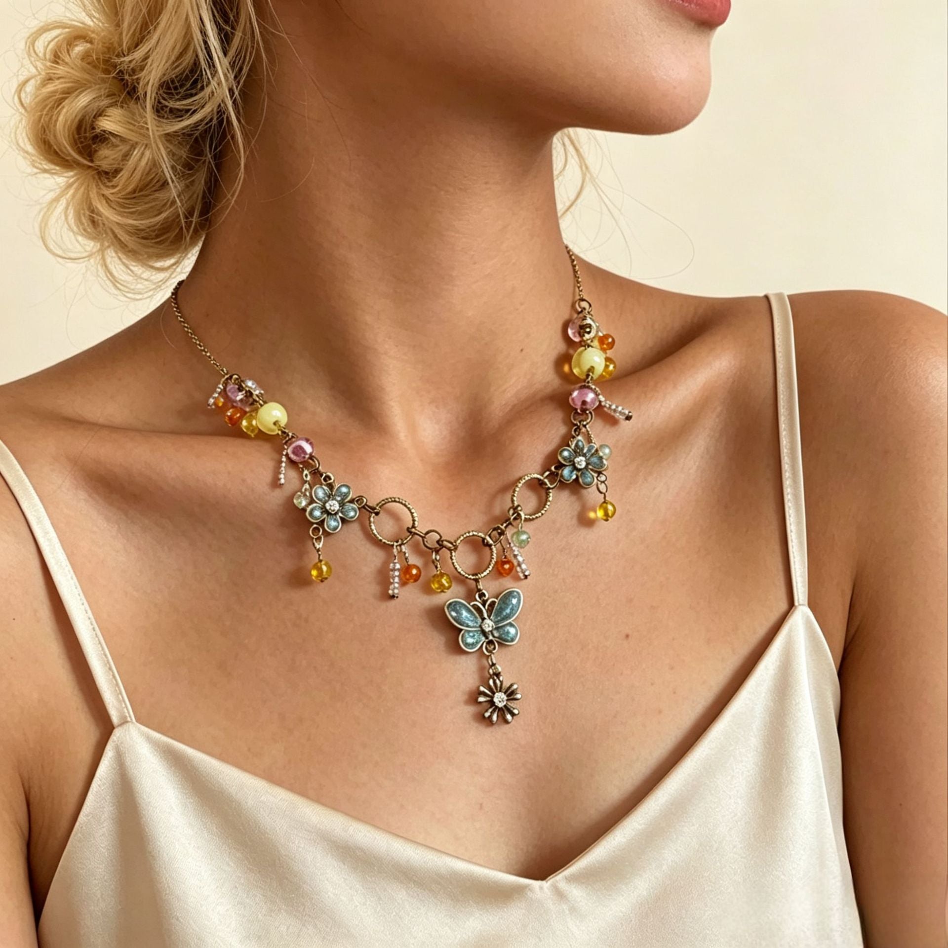 Wholesale Retro Distressed Light Gold Alloy Pendant Collarbone Necklace Blue Butterfly Flower Bead Design Trendy Jewelry Accessory For Women