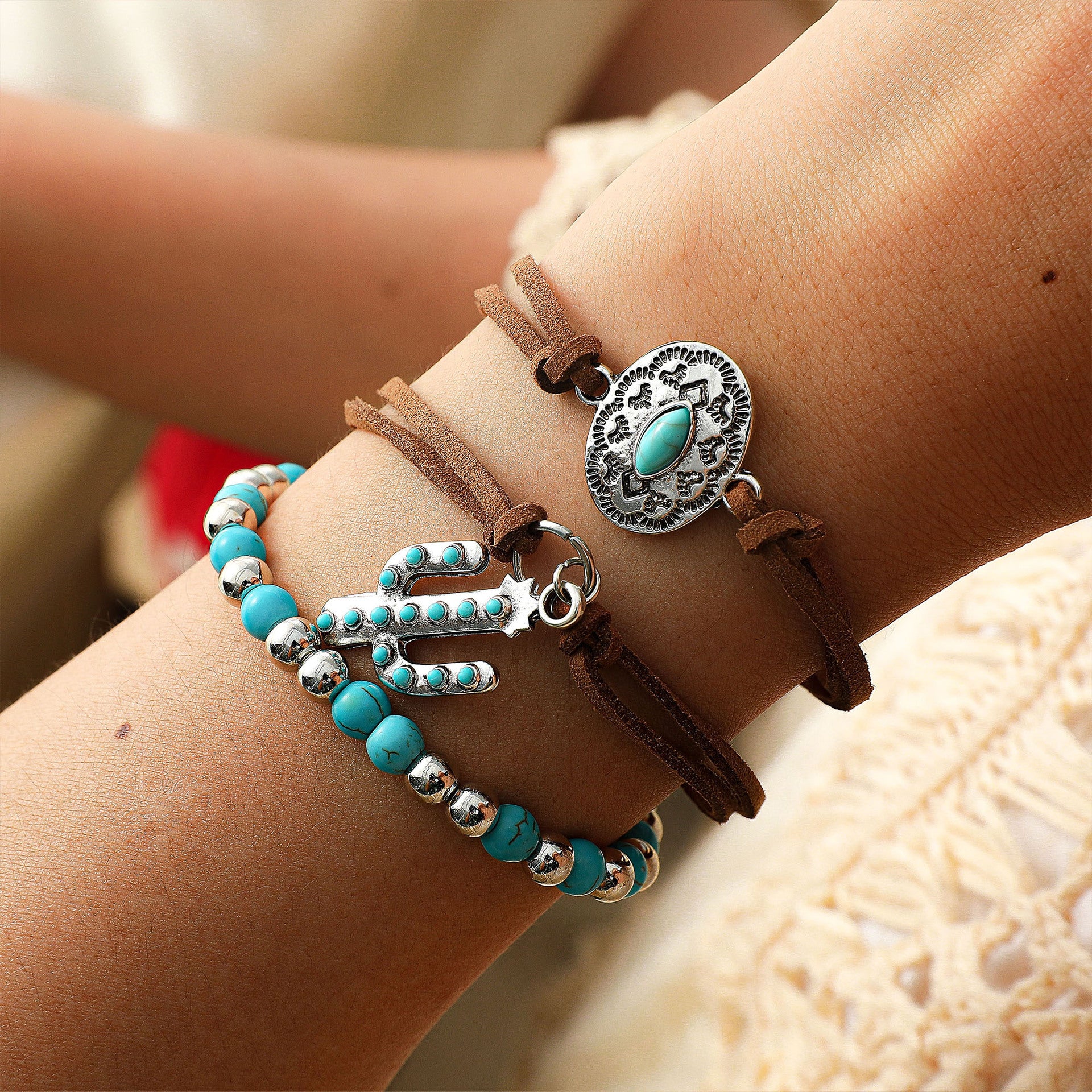 Wholesale Retro Ethnic Style Imitation Turquoise Cactus Tag Bracelet Set - Chic Fashion Accessory Gift