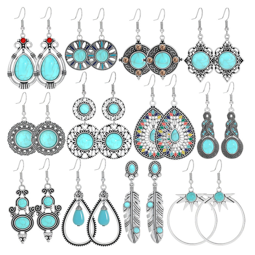Wholesale Retro Bohemian Turquoise Alloy Earrings Party Wear Fashion Accessory