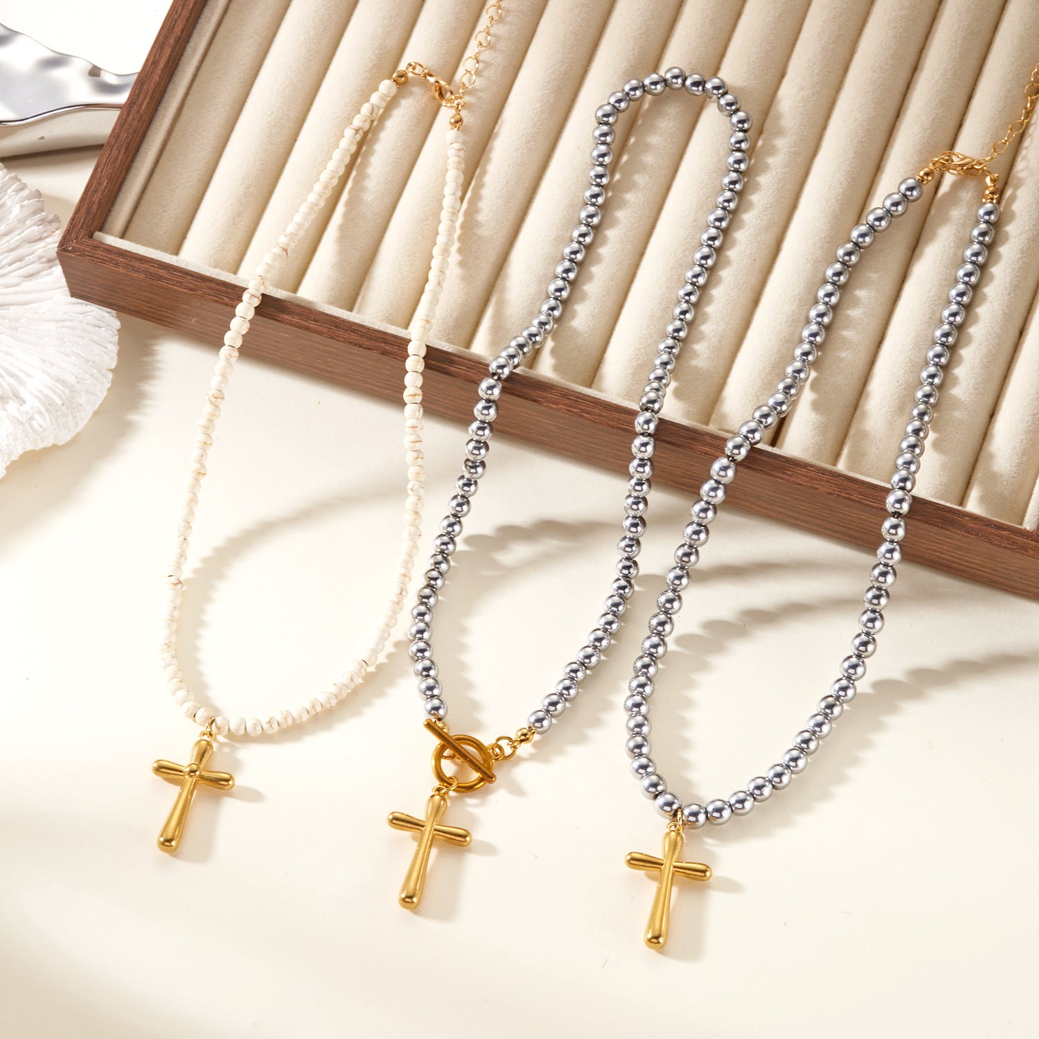 Wholesale  cross  natural stone beads stainless steel pendant necklace