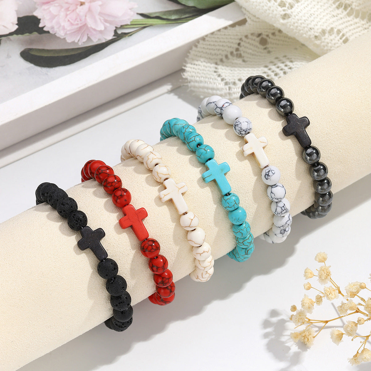 Wholesale Vintage Turquoise Cross Stretch Bracelet Unisex Religious Jewelry With Volcanic Stone Handmade Beaded Bracelet Gift Boutique Resale