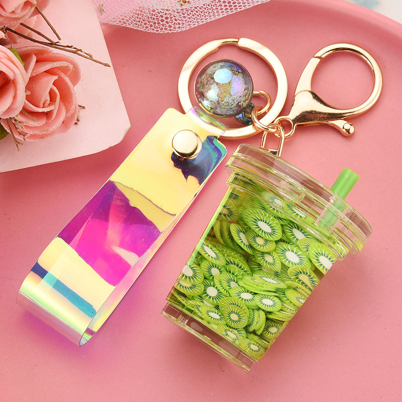 Wholesale Acrylic Milk Tea Cup Fruit Piece Floating Leather Rope Creative Key Chain