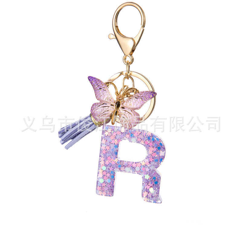 Wholesale Purple Star Tassel Resin Keychain 26 English Letters Bag Charm For Women Students Fashion Decorative Accessory