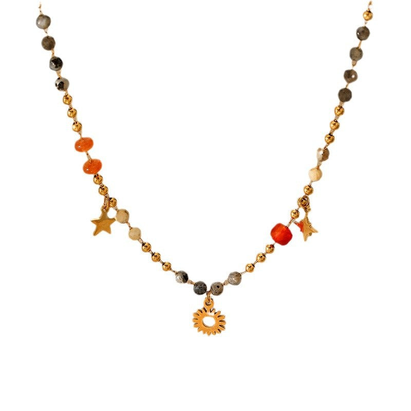 Wholesale Multi-Layered Colorful Natural Stone Titanium Steel Pendant Necklace