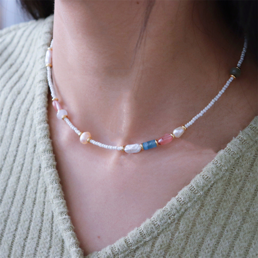 Wholesale Rice Beads Color Natural Stone Freshwater Pearl Handmade Beaded Clavicle Necklace
