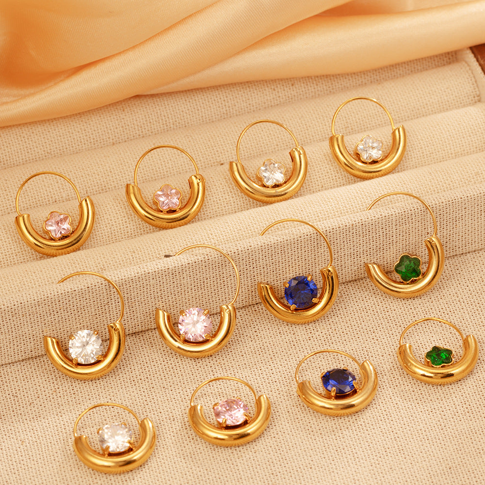 Wholesale Gold Plated Stainless Steel Artificial Zircon Geometric Round Flower Basket Earrings - Trendy Fashion Accessory
