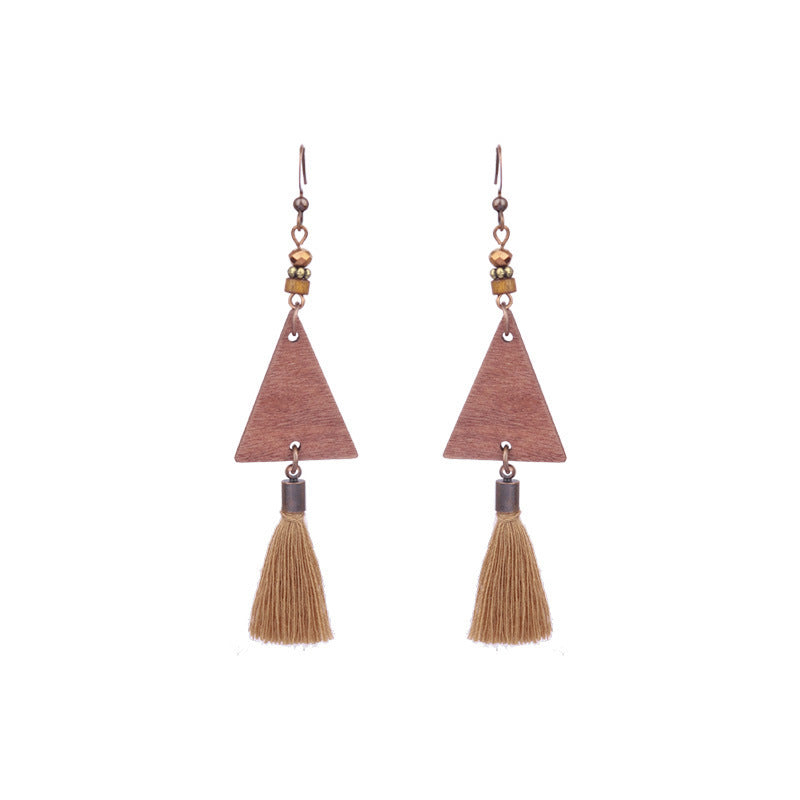 Wholesale Bohemian Wooden Earrings Tassel Bell Pendant Triangle Design Fashion Jewelry Accessory