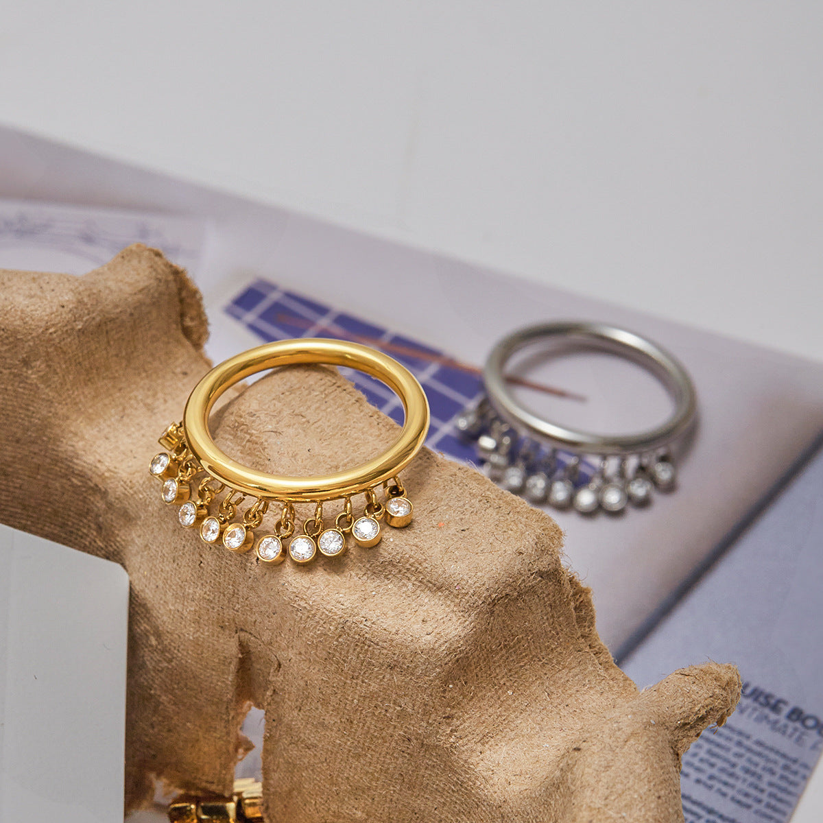 Wholesale 18K Gold Stainless Steel Round Zircon Tassel Ring