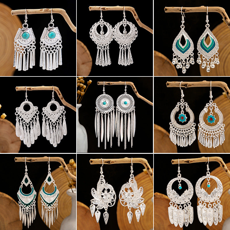 Wholesale Ethnic Style Long Feather Alloy Tassel Earrings ACC-ES-MDD023