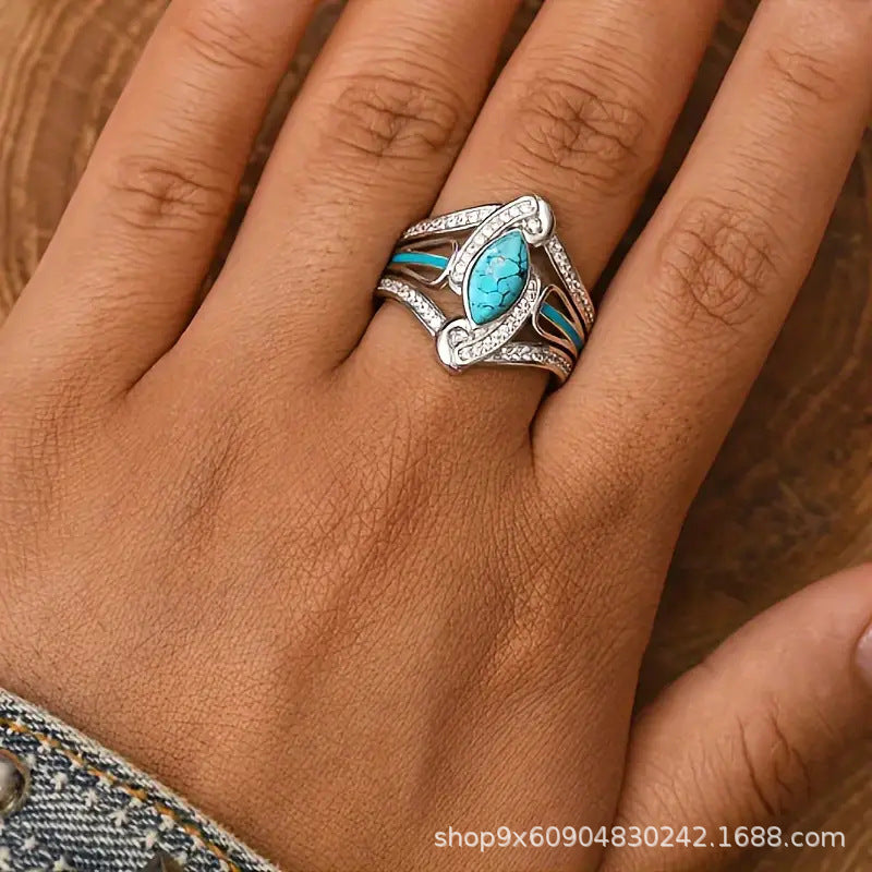 Wholesale Cross-Border Supply Hot Selling New Products European and American Fashion Retro Diamond Blue Turquoise Ring Women' s Gift Factory Direct Sale