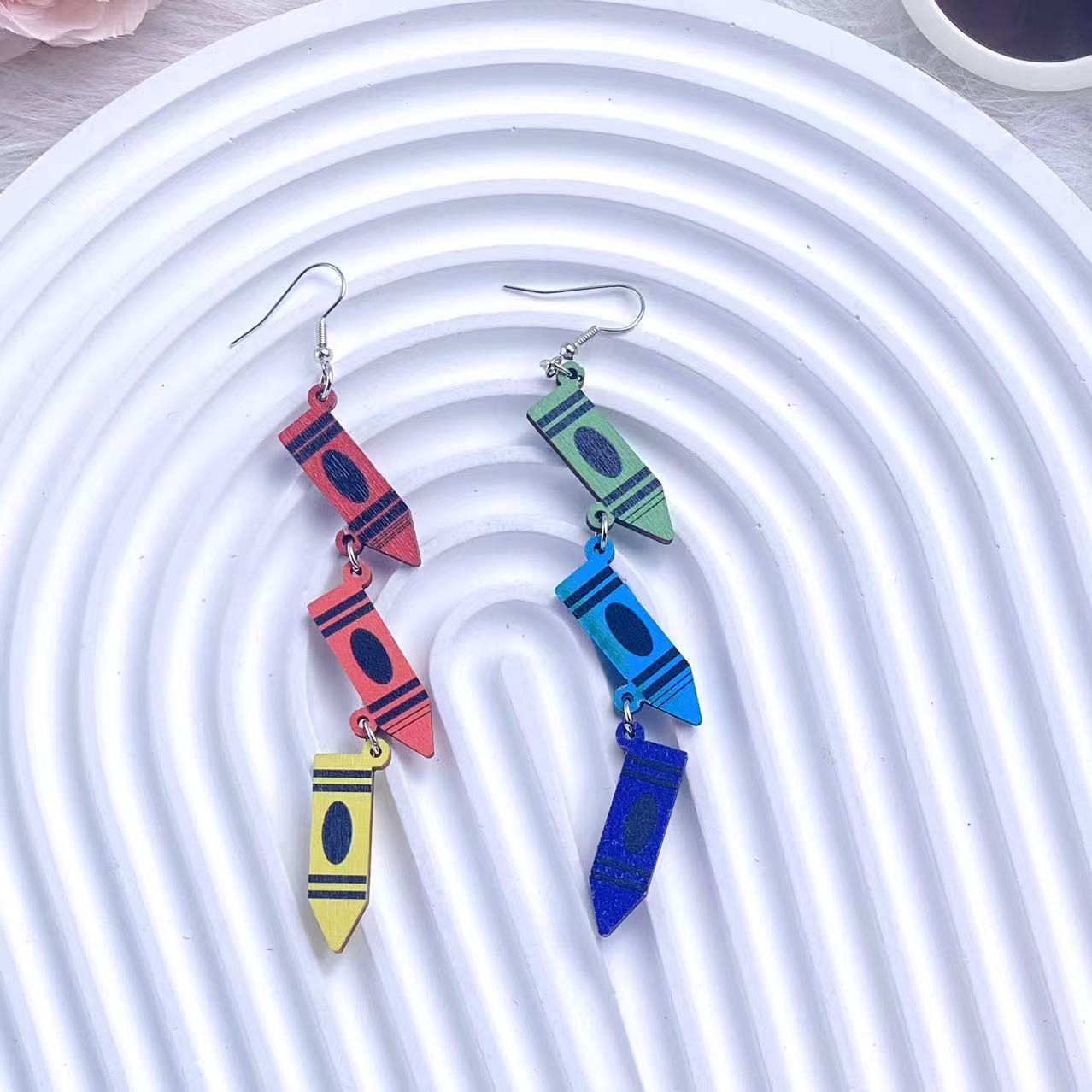 Wholesale Wood personalized color crayon pendant earrings