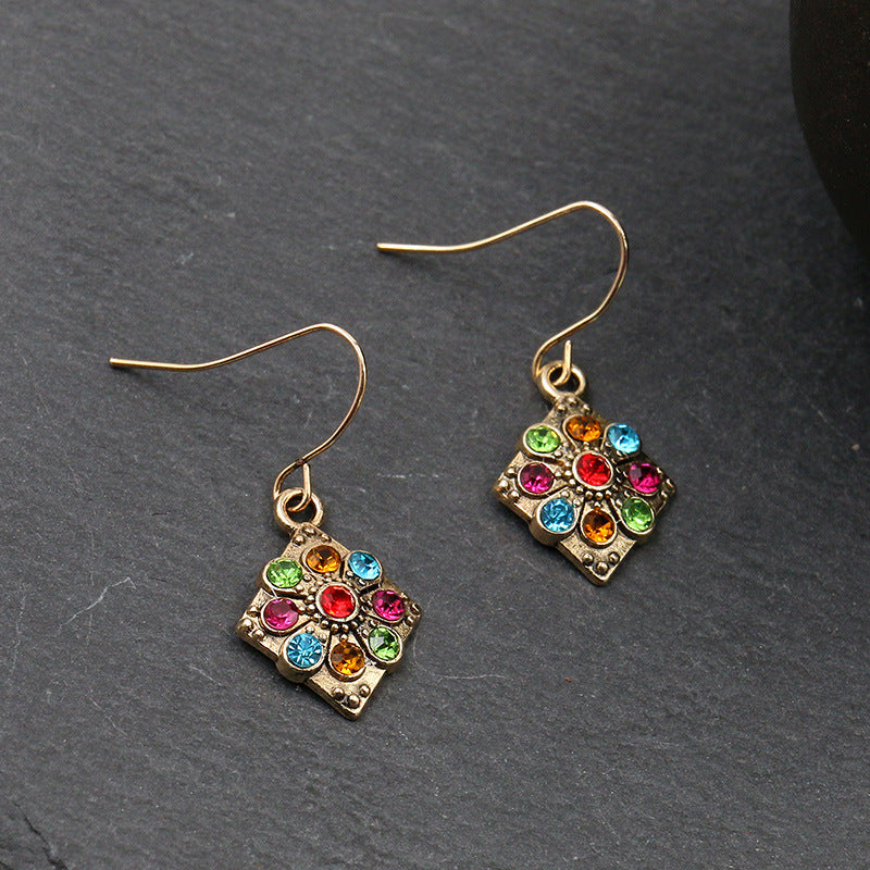 Wholesale hollow alloy retro color  diamond flower  earrings