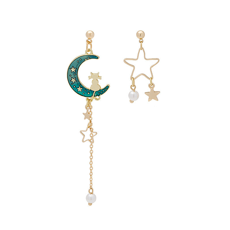 Wholesale Dripping Oil Gradient Asymmetric Cat Moon Star Long Tassel Earrings Fashion Jewelry Accessory Gift