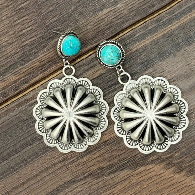 Wholesale Retro Turquoise Carved Earrings Alloy Electroplated Jewelry Accessory