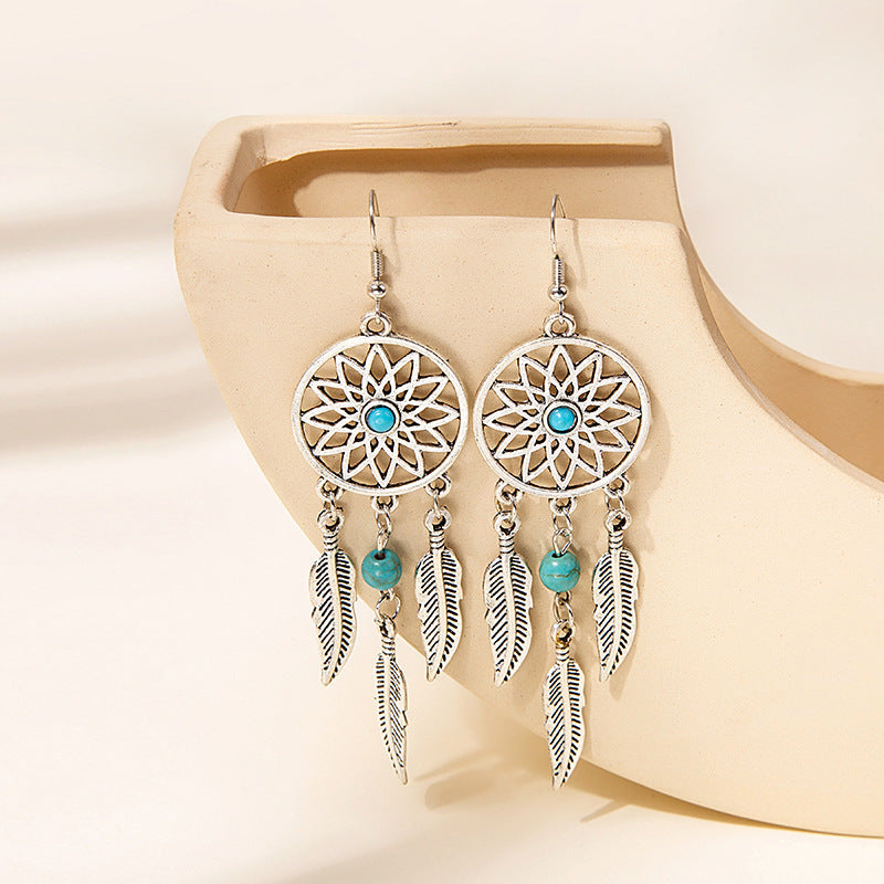 Wholesale Bohemian Owl Dream Catcher Feather Tassel Earrings Turquoise Geometric Carved Fashion Accessory Gift