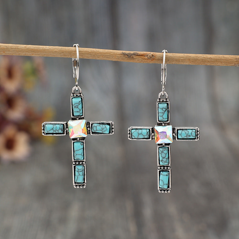 Wholesale w Retro Style Cross Inlaid Turquoise Earrings Bohemian Long Earrings