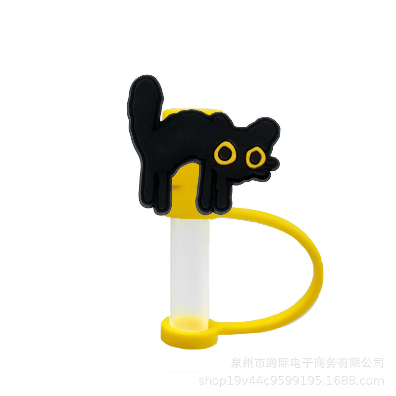 Wholesale 50 Pcs Cute Cartoon Black Cat Straw Cover Silicone Straw Covers ACC-SCR-KuaJi005