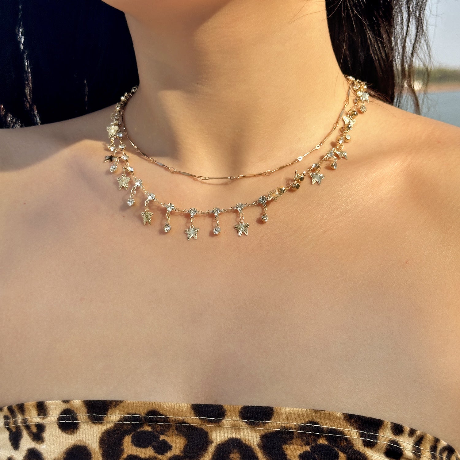 Wholesale  Blue Double-layer Butterfly Stacked Necklace