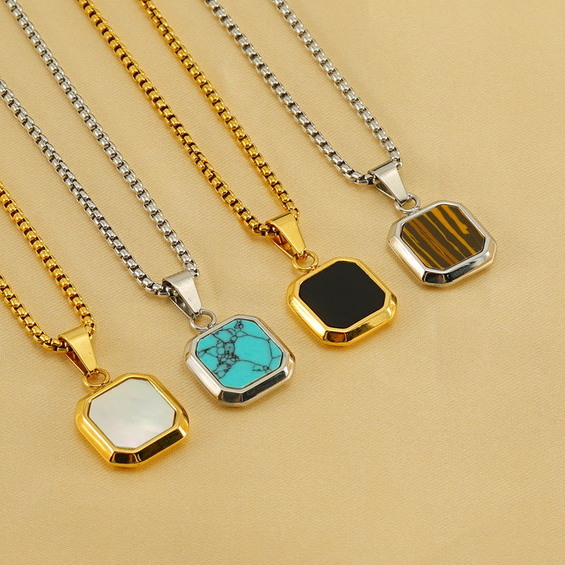 Wholesale Titanium Steel Blue Turquoise Black Square Pendant 18K Necklace ACC-NE-ZhongYao003