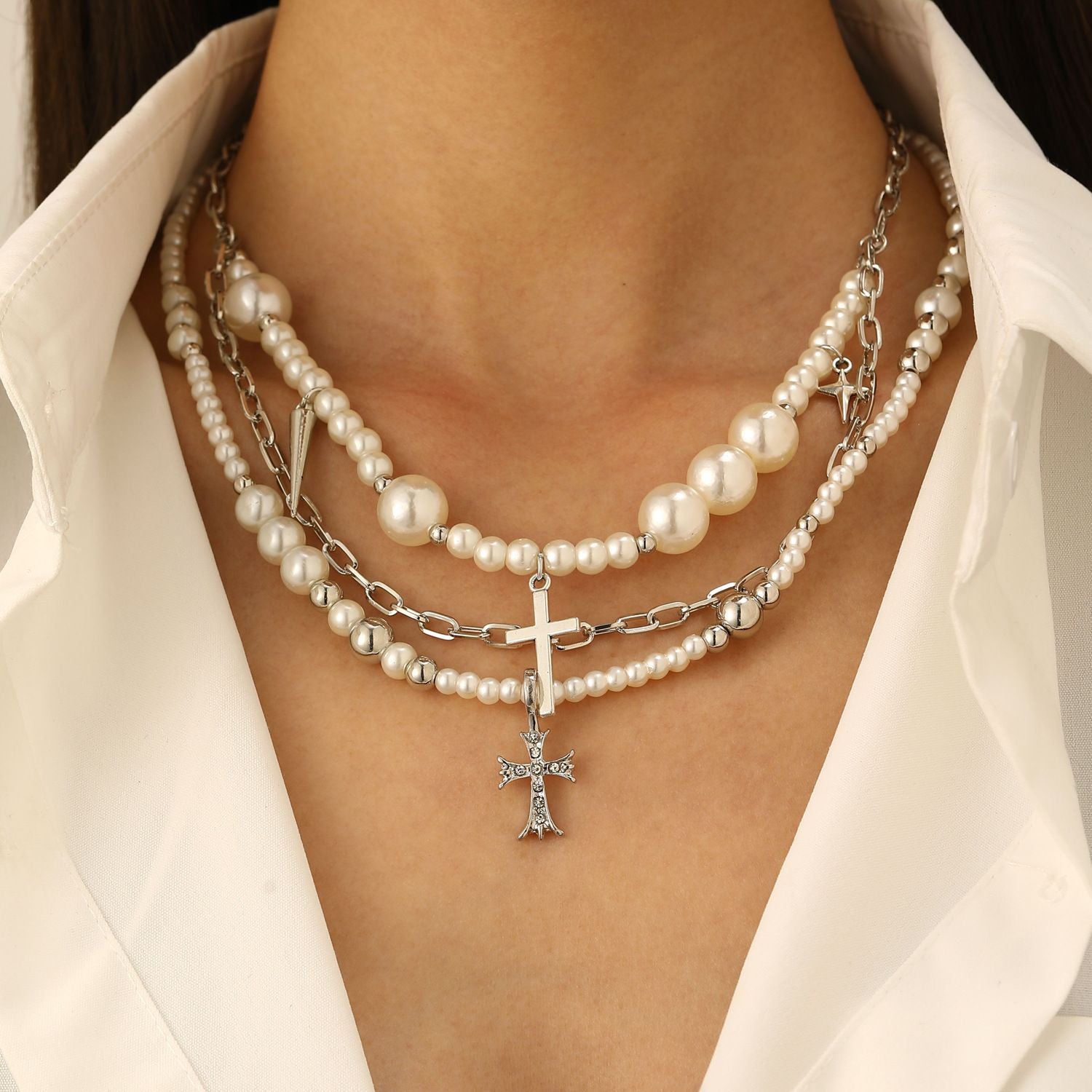 Wholesale Fashion Layered Imitation Pearl Cross Heart Butterfly Necklace Alloy Jewelry for Women
