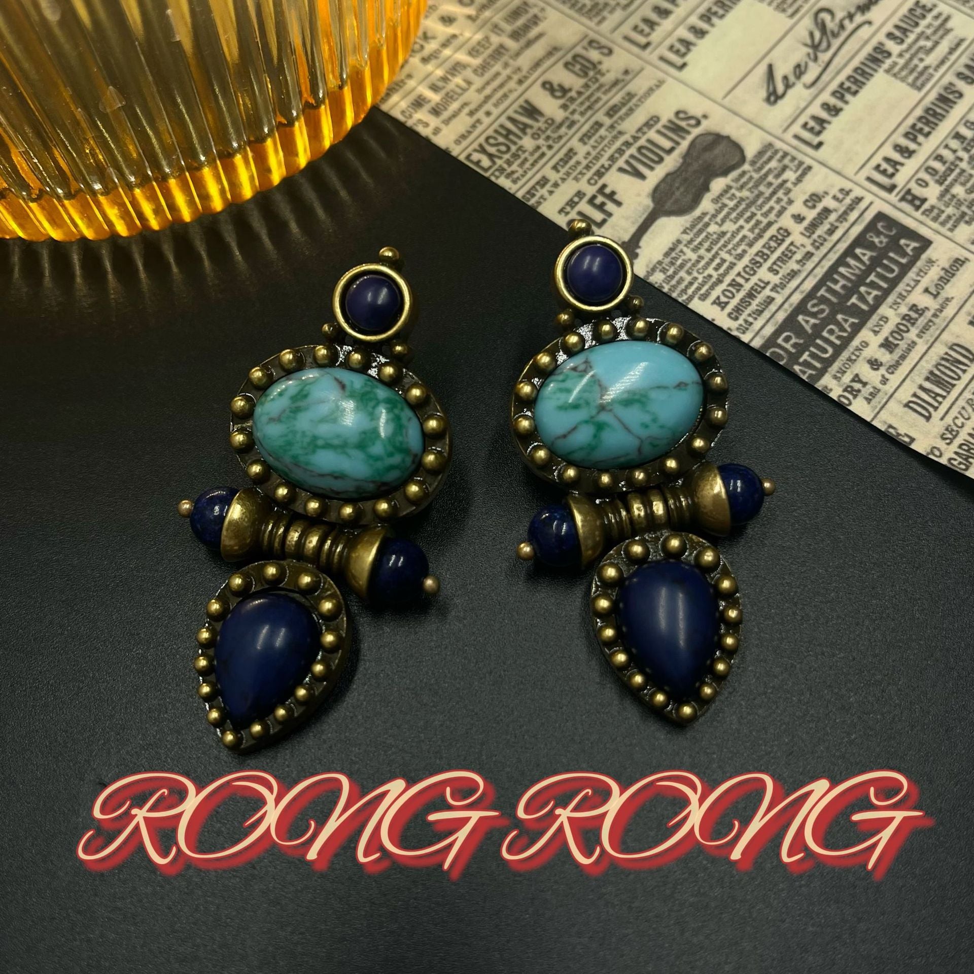 Wholesale Vintage European and American Turquoise Blue Pattern Natural Stone Pendant Earrings