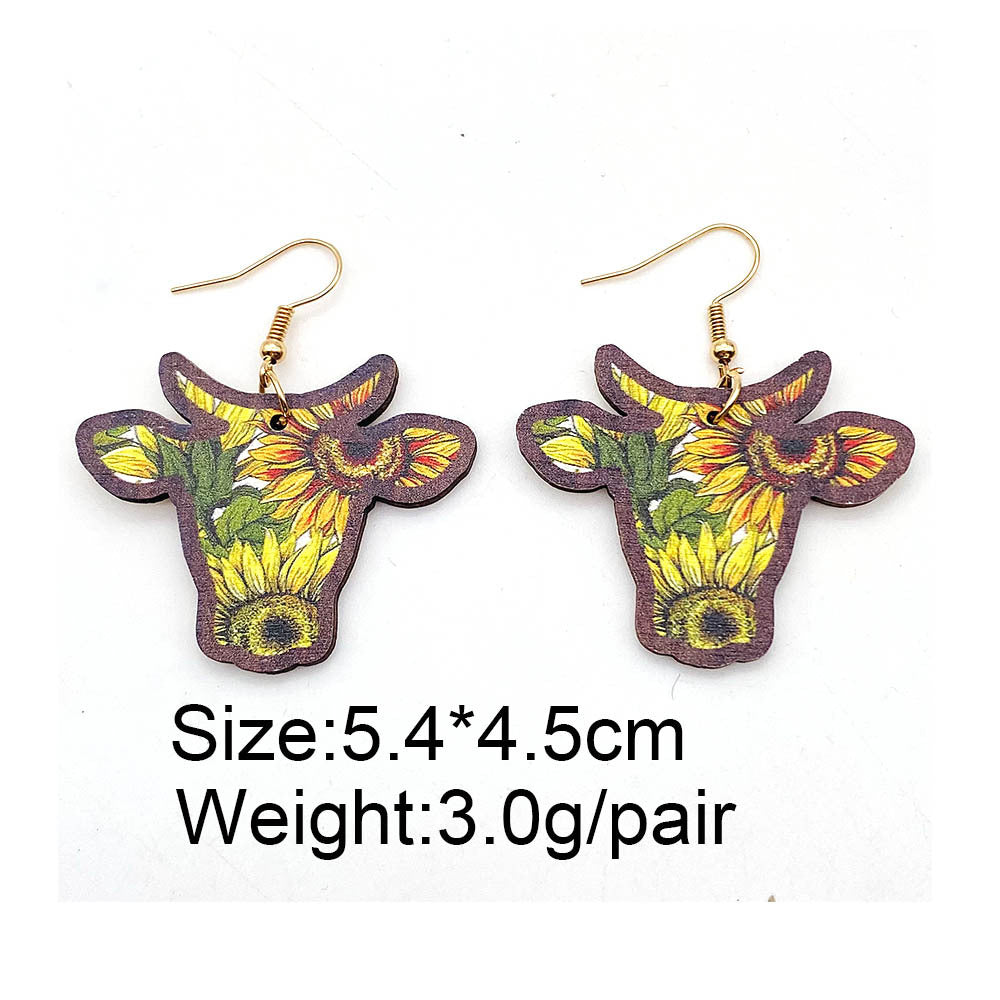 Wholesale Retro Wooden Western Bull Skull  Sunflower and Bohemian-Style Earrings