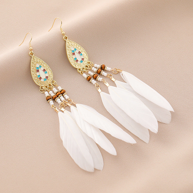 Wholesale Vintage Bohemian Long Feather Tassel Earrings ACC-ES-ZhiShifang002